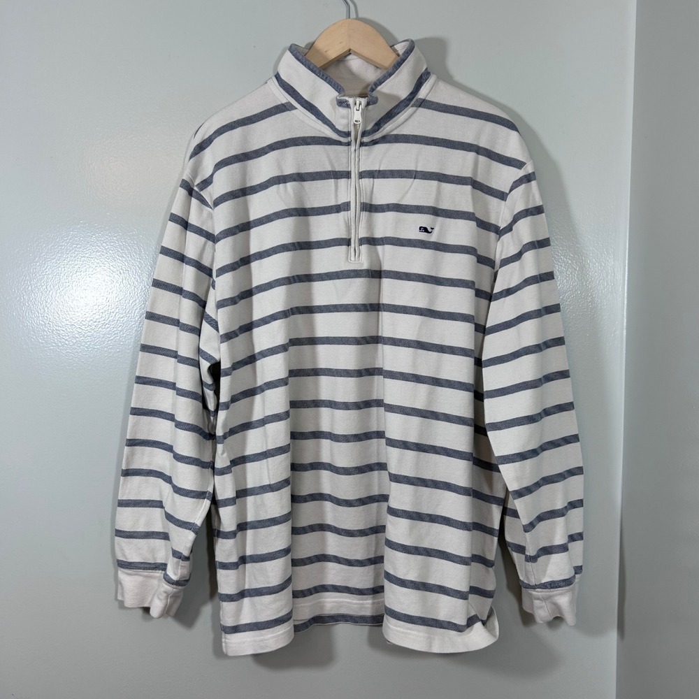 Vineyard Vines Mens XXL White Blue Striped Cotton Pique Quarter Zip Pullover